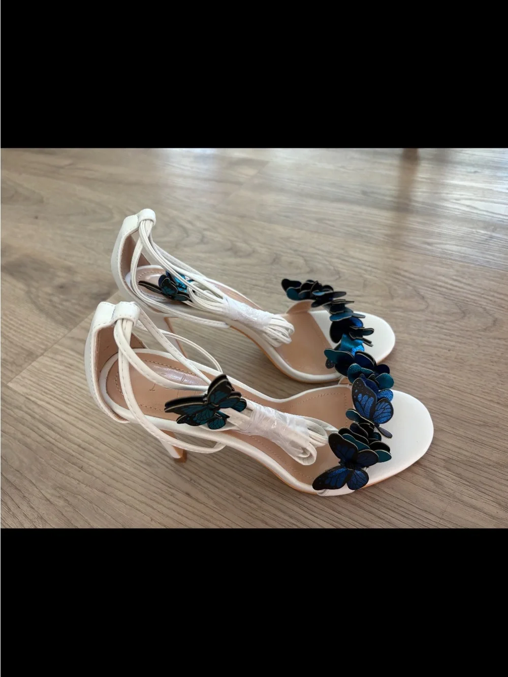I adore White Ankle-Tie Heels with Blue and Black Butterfly Accents laceup